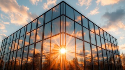 The corner of a glass building beautifully reflects the warm colors of a sunset, capturing modern architectural lines against a backdrop of clouds and sky.