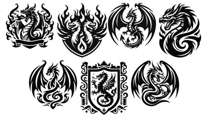 Fototapeta premium Black and white dragon emblems vector set mystical designs perfect for tattoos or branding