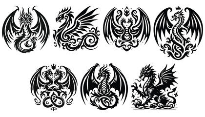 Obraz premium Intricate tribal dragon designs in black vector style, mythical symbolism, tattoo inspiration