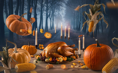 Golden Roasted Turkey and Pumpkins Thanksgiving Feast Autumnal Table Setting  