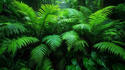Lush green ferns in a dense tropical forest, showcasing vibrant plant life.