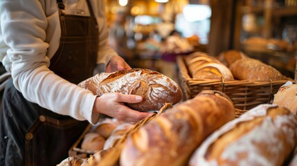 Shopper picking out fresh bread in a bakery, capturing food and everyday life