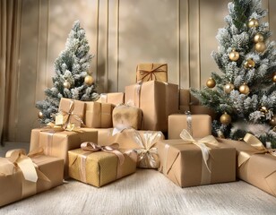 background with decorated beige christmas gifts