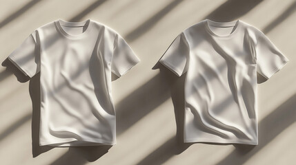 Two White T Shirts Mockup on Beige Background with Light and Shadow