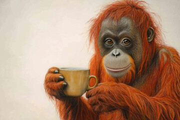 Fototapeta premium An orangutan holding a mug, illustrating its curiosity and warmth. The vivid orange fur contrasts with the subtle background to create an inviting scene.