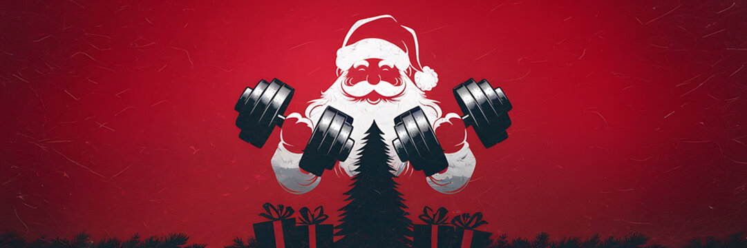 White Santa Claus lifting weights with a Christmas tree and gifts on a red background   Holiday fitness and healthy lifestyle concept   