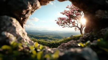A lone blossoming tree graces the landscape beyond a rocky opening, symbolizing solitude and peace against the backdrop of a gentle mountain range under the sun.