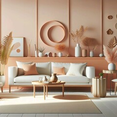 A living room interior with a beige sofa, decorated with plants, vases, and art.