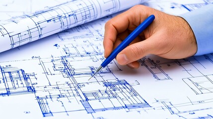 Engineer&acirc;&euro;&trade;s hand interacting with a virtual growth chart on a blueprint background