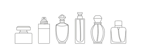 Outline perfume bottles, flasks, vials. Fragrance, essence, eau de toilette. Different scents. Line art. Blank silhouettes. Sign, logo, symbol. Vector isolated on white.