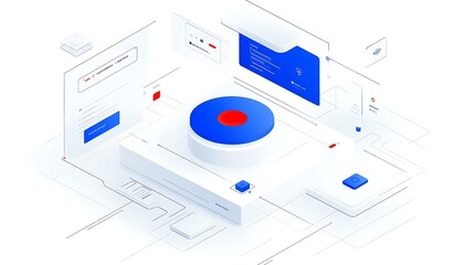 Transparent 3D chart with blueprint icons, illustrating business growth in tech industry