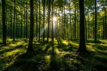 Obraz premium Nature's Splendor: Sunlight Illuminates Green Forest on Environment Day