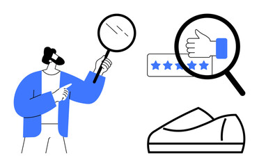 Person holding magnifying glass, examining product rating with thumbs up icon, stars, and shoe. Ideal for quality control, customer feedback, product reviews, online shopping, user experience