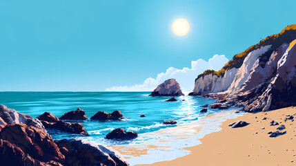 Tranquil beach with crystal blue waters and rocky coastline on a sunny day. generative ai. Crystal Blue Waters. Illustration