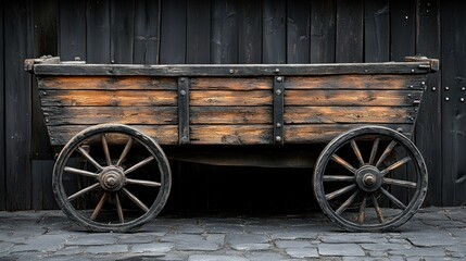 Obraz premium Rustic Wooden Wagon with Black Wheels Parked in Front of a Wooden Wall