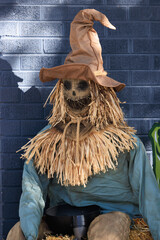 Various colorful Fall and Halloween yard and porch decorations