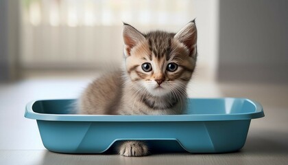 cute little kitten sitting in litter box