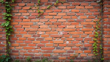 Weathered red and orange brick wall with vines