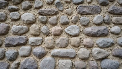 Rustic cobblestone wall with rounded gray and brown stones
