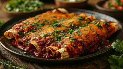 Close-up of Delicious Mexican Enchiladas with Red Sauce and Cheese