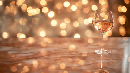 A delicate glass of rosé wine on a polished marble surface, sparkling softly under enchanting golden lights during a cozy evening gathering