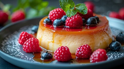 Caramel Custard with Raspberry and Blueberry Topping: A Delicious Dessert