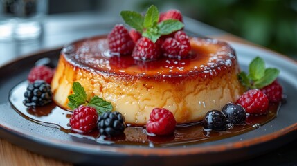 Caramel Custard Dessert with Fresh Berries - Delicious Sweet Treat