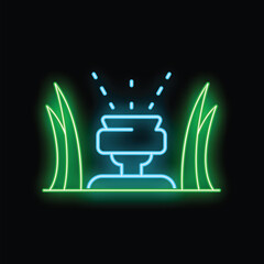 Neon sprinkler watering grass icon glowing on dark background