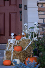 Various colorful Fall and Halloween yard and porch decorations