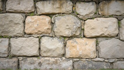 Fototapeta premium Old limestone wall with moss lichen aged weathered hinting at history