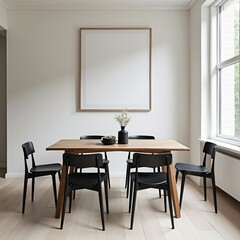 Luxurious apartment interior featuring a stylish dining table, chairs, and wooden furniture, illuminated by elegant lamps, showcasing a modern living space perfect for entertaining