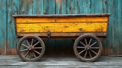 Obraz premium Vintage Yellow Wooden Cart with Spoked Wheels Against a Weathered Teal Wooden Wall