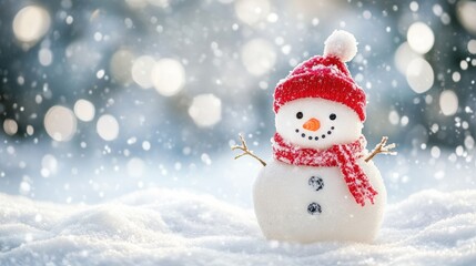 Fototapeta premium Snowman wearing a red hat and scarf in snowy landscape, holiday and winter concept
