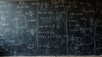 Vibrant chalkboard covered in math equations and doodles