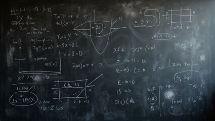 Vibrant chalkboard covered in math equations and doodles