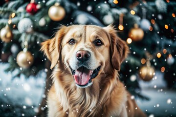 Happy New Year and Merry Christmas! Snow is falling. A cheerful dog is sitting outside in the snowfall. The dog is waiting for a holiday and magic.