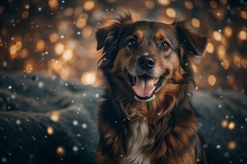 Fototapeta premium Happy New Year and Merry Christmas! Snow is falling. A cheerful dog is sitting outside in the snowfall. The dog is waiting for a holiday and magic.