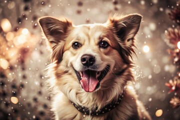 Happy New Year and Merry Christmas! Snow is falling. A cheerful dog is sitting outside in the snowfall. The dog is waiting for a holiday and magic.