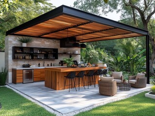 Naklejka premium Modern outdoor kitchen with bar counter and pergola