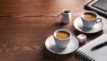 office background with two cups of coffee espresso and open notepads