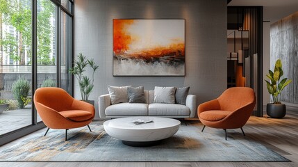 Modern living room with stylish furniture and artwork, creating a cozy atmosphere.