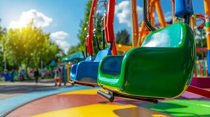 A close-up shot of a green and blue carnival ride chair, with a blurred background of other riders enjoying the sunny day. The chair is shiny and ready for the next thrill.
