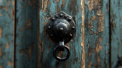 Fototapeta premium Black Metal Ring Door Handle on Weathered Wooden Door