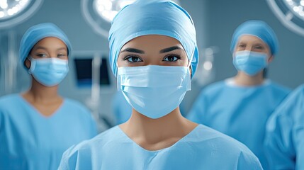 Dedicated healthcare team in surgical attire with an African American female doctor leading in a well-lit hospital environment