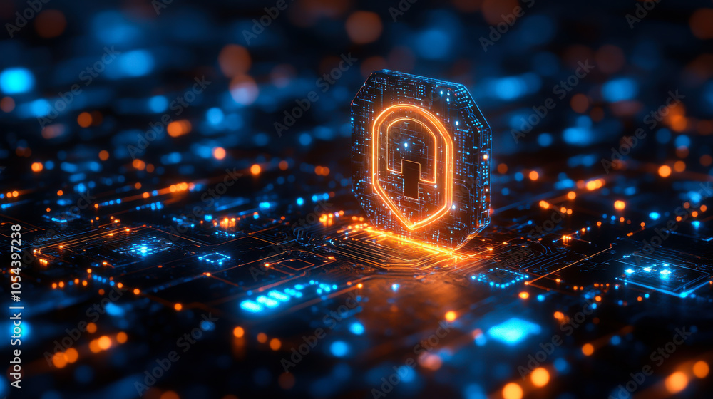 Poster abstract digital security symbol glowing on a circuit board with blue and orange lights in a technol