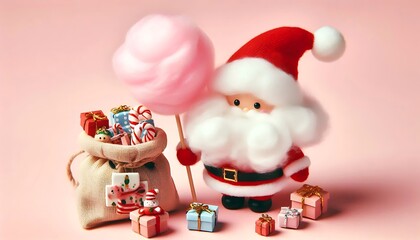 Santa and Cotton Candy Toy Bag,cotton candy Santa with bag filled with miniature toy gifts,generative ai