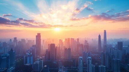 Obraz premium Skyline of a modern city with skyscrapers at sunrise, highlighting architectural beauty and growth