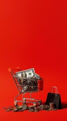 Naklejka premium A minimalist shopping cart filled with cash and coins against a red background, highlighting the concept of money management and budgeting