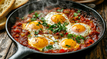 Savory skillet dish featuring three eggs nestled in a spicy tomato mixture with diced vegetables, served with toasted bread