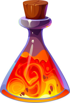 Potion bottle with fire, witch magic Halloween elixir or poison. Vector crystal or glass flask with flames, blaze and sparkles. Fiery spellbinding brew. Cartoon isolated alchemy witchcraft liquid